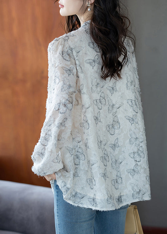 White Butterfly Chiffon Eyelash Shirt Top