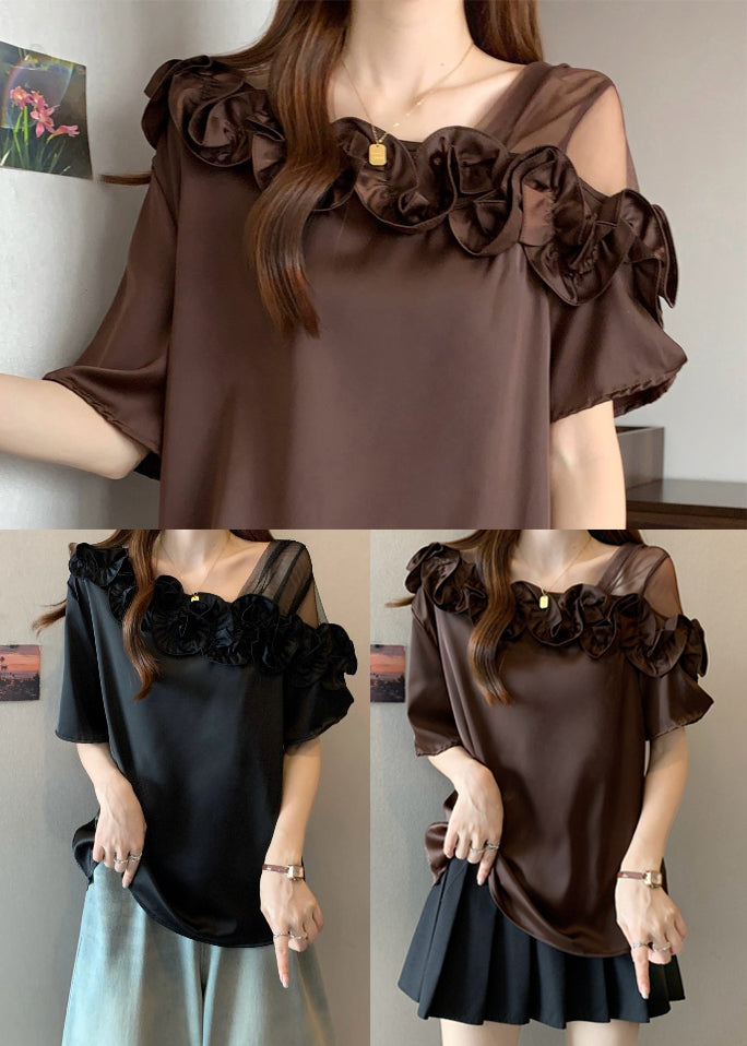 Black One Shoulder Shirt Ruffled