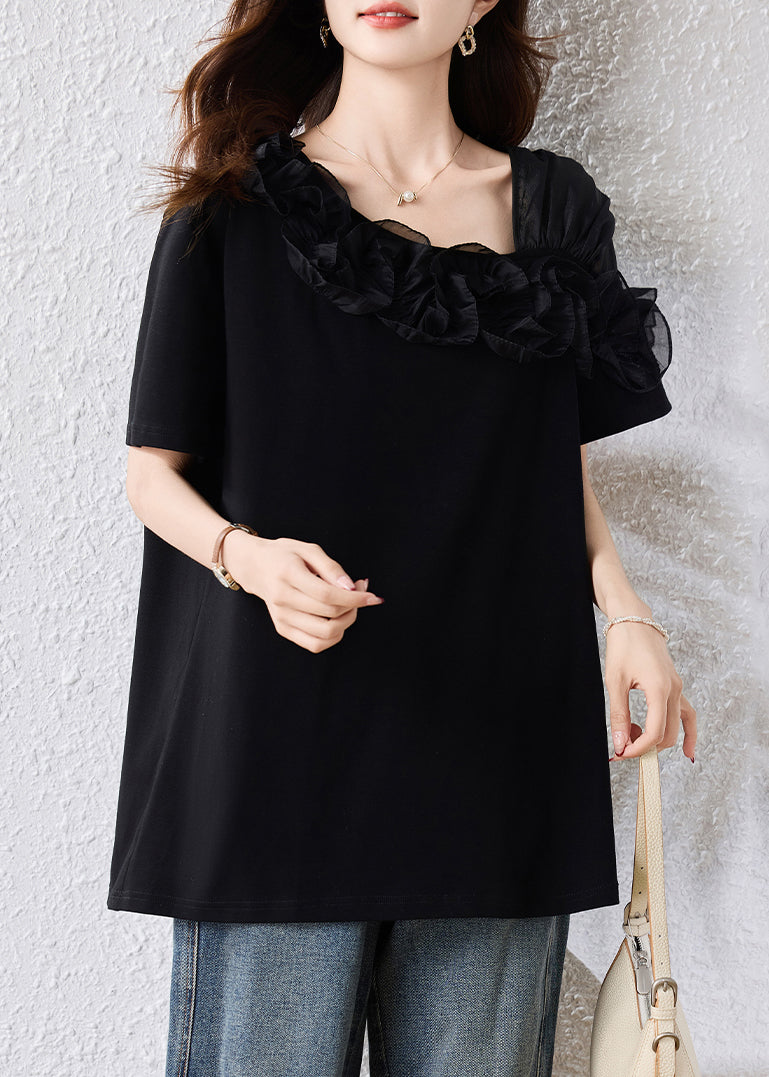 French Black Asymmetrical Patchwork Ruffles Blouse Top