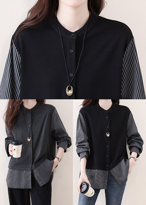 Grey Patchwork Cotton Shirts Oversized Striped