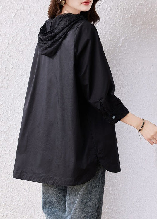 Natural Black Hooded Lace Patchwork Cotton Pullover Sweatshirt
