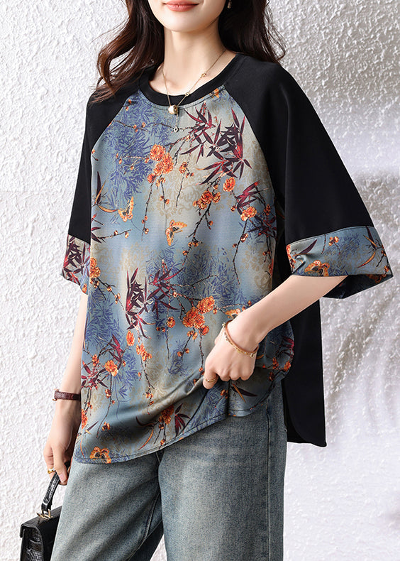Retro Navy Patchwork Print Cotton Tops Half Sleeve