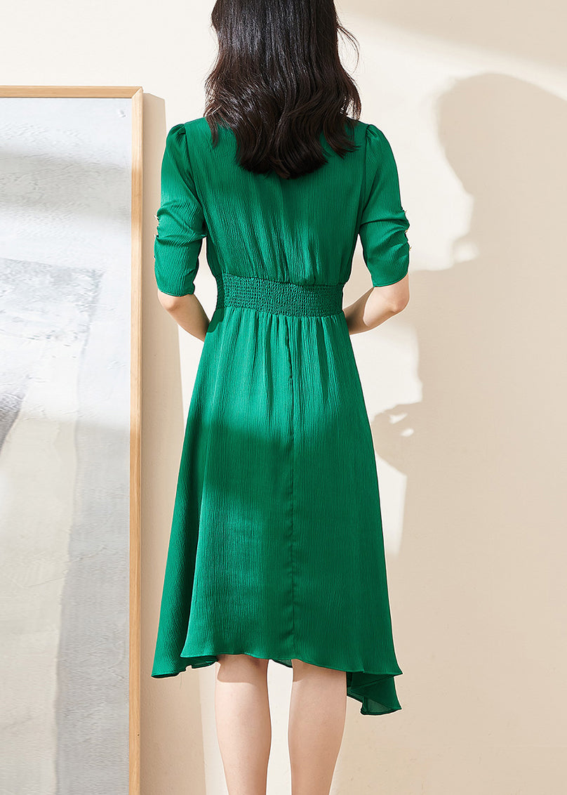 Green V-Neck Wrinkled High Waist Cotton Dresses