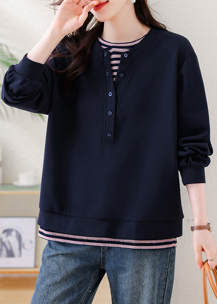 Plus Size Navy Oversized Patchwork Cotton Sweatshirt Streetwear