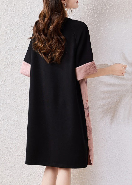 Pink Butterfly Patchwork Cotton A Line Dresses Half Sleeve