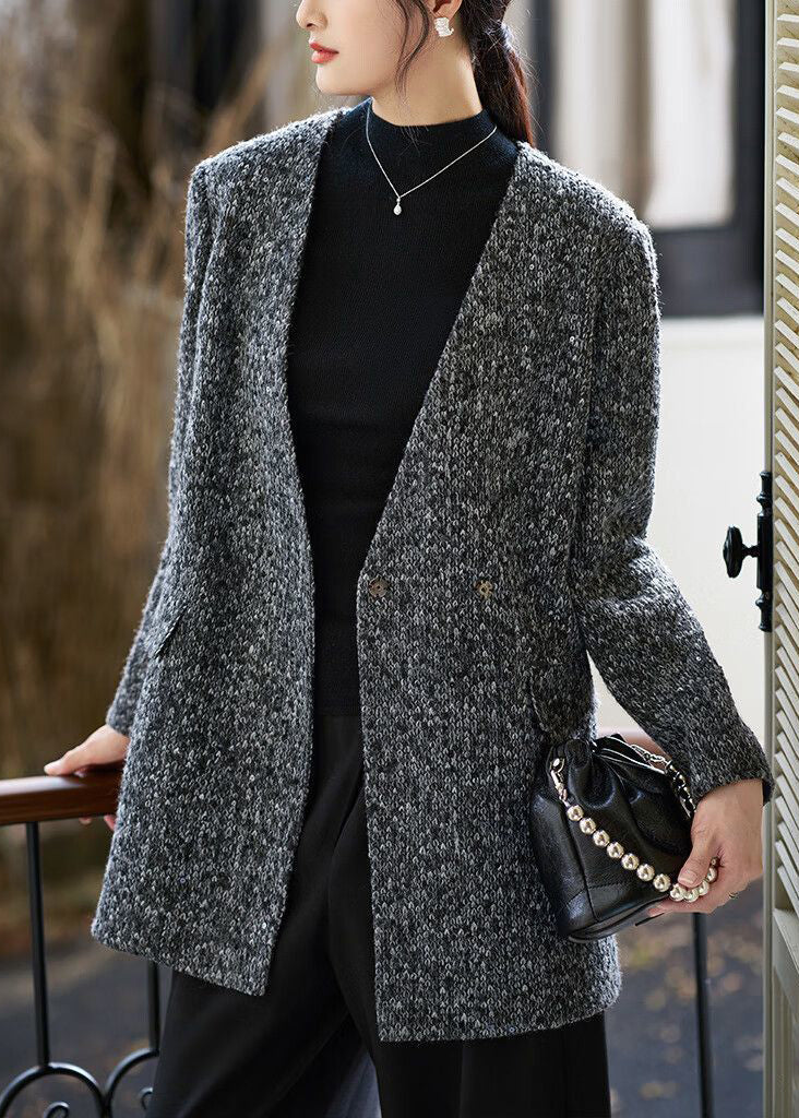 Grey V-Neck Button Pockets Woolen Coat