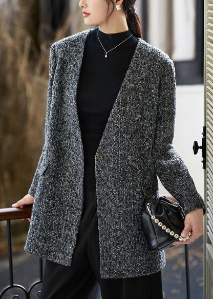 Grey V-Neck Button Pockets Woolen Coat