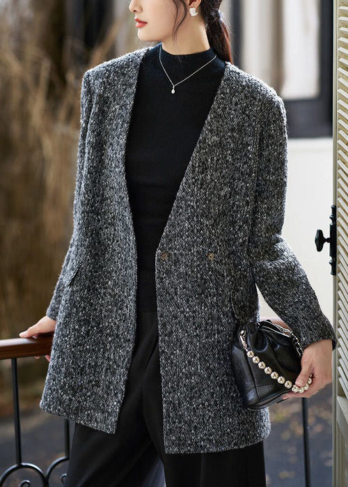 Grey V-Neck Button Pockets Woolen Coat