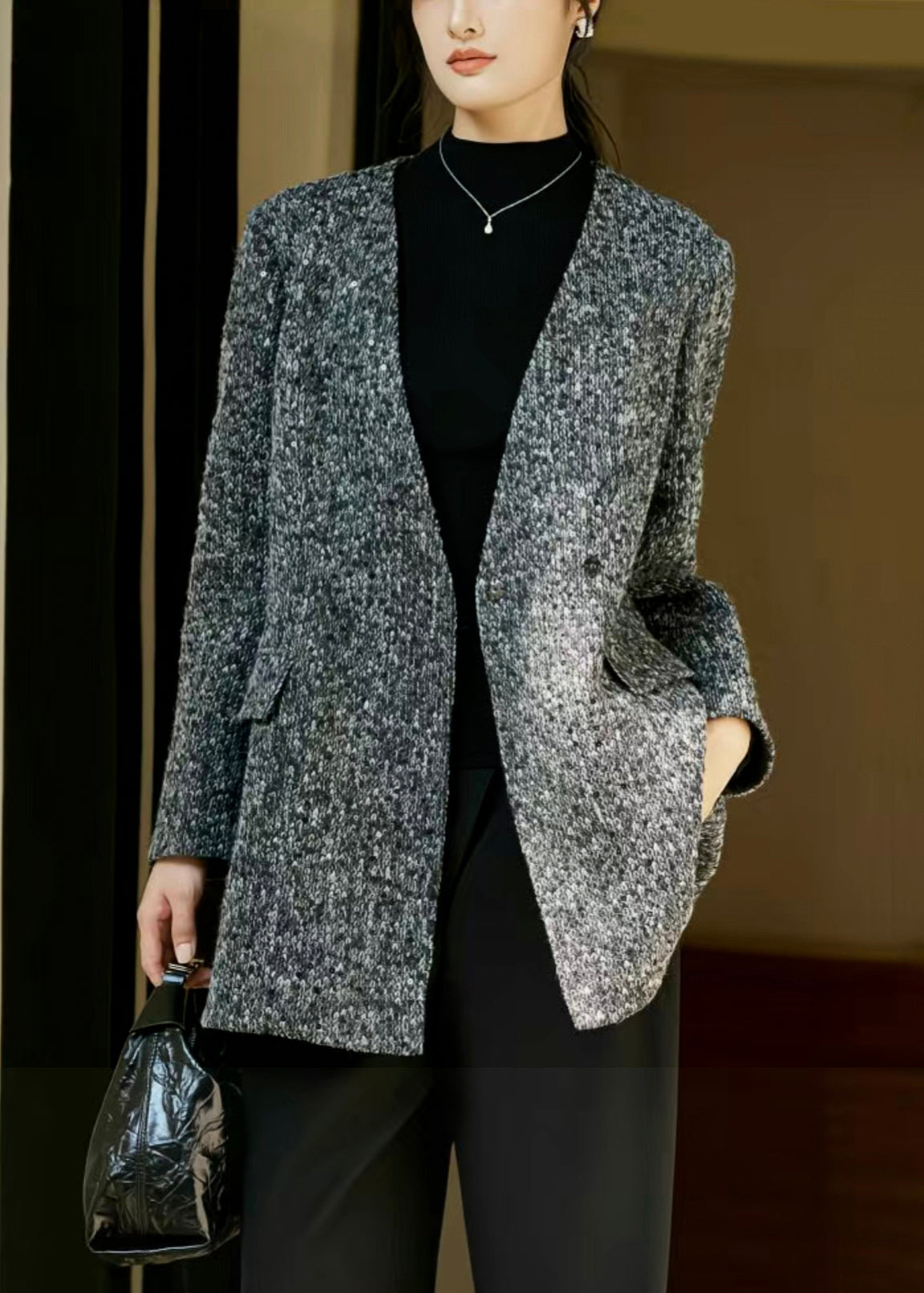 Grey V-Neck Button Pockets Woolen Coat
