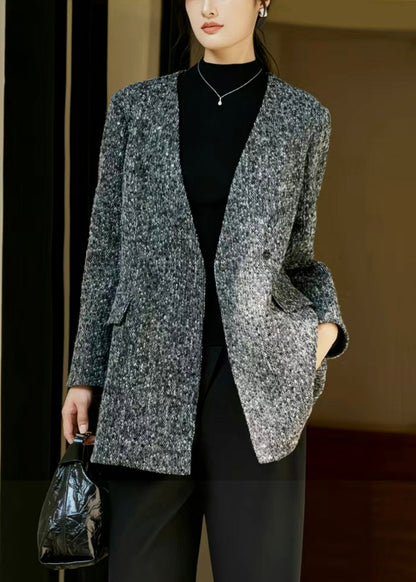 Grey V-Neck Button Pockets Woolen Coat