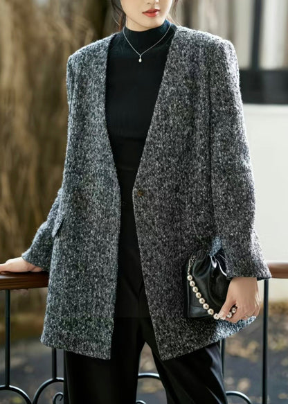 Grey V-Neck Button Pockets Woolen Coat