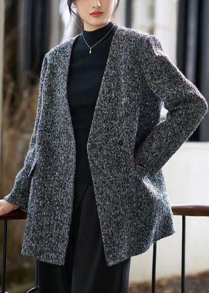 Grey V-Neck Button Pockets Woolen Coat