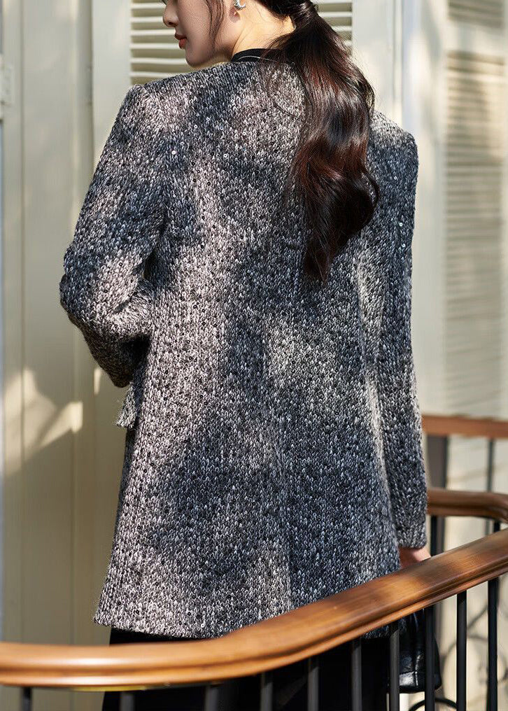 Grey V-Neck Button Pockets Woolen Coat