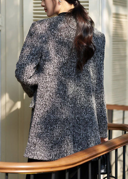 Grey V-Neck Button Pockets Woolen Coat
