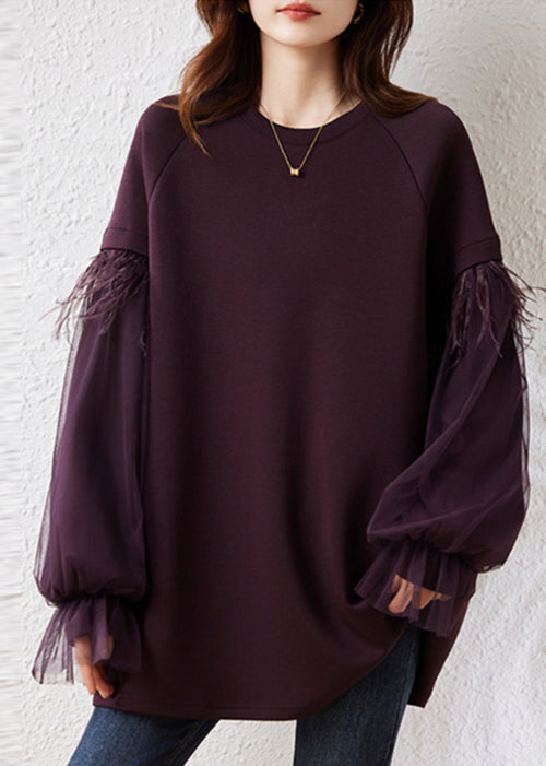 Purple Fringe Trim Patchwork Cotton Pullover Streetwear