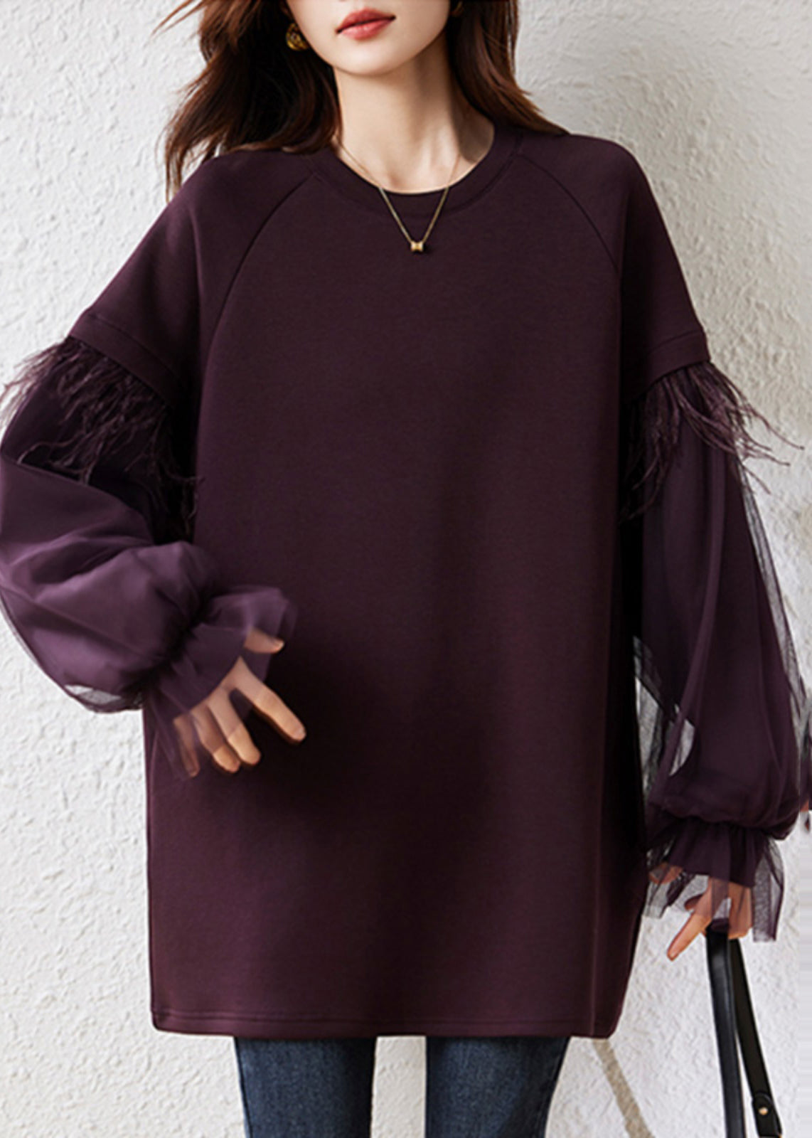 Purple Fringe Trim Patchwork Cotton Pullover Streetwear
