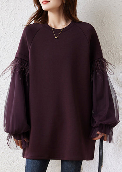 Purple Fringe Trim Patchwork Cotton Pullover Streetwear