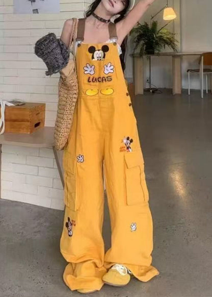 Yellow Embroidered Cotton Loose Overalls Jumpsuit