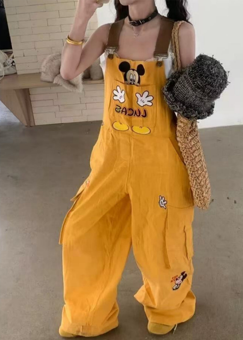 Yellow Embroidered Cotton Loose Overalls Jumpsuit