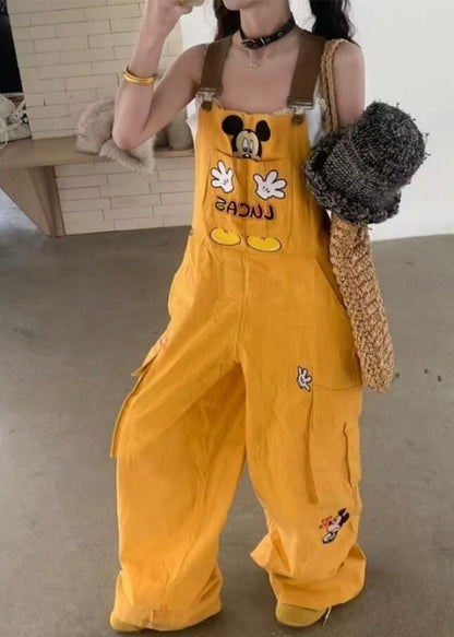 Yellow Embroidered Cotton Loose Overalls Jumpsuit