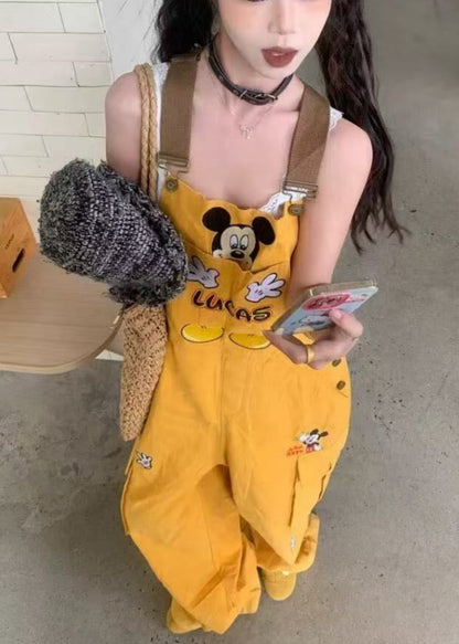 Yellow Embroidered Cotton Loose Overalls Jumpsuit