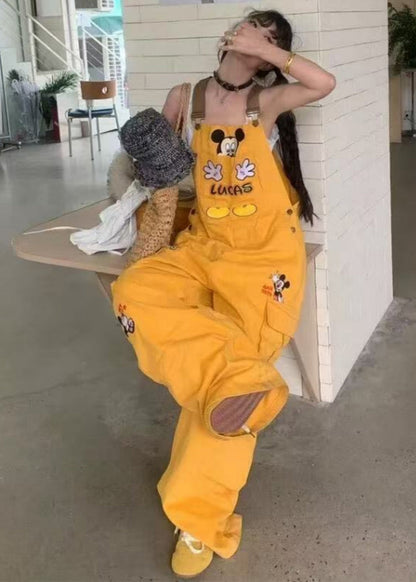 Yellow Embroidered Cotton Loose Overalls Jumpsuit