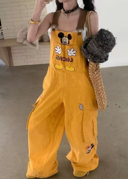 Yellow Embroidered Cotton Loose Overalls Jumpsuit