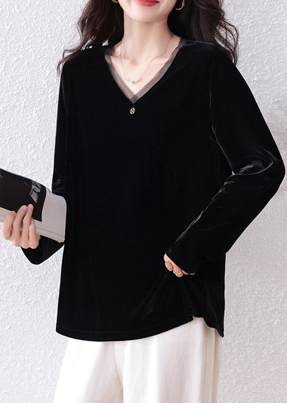 Black V-Neck Patchwork Silk Velour Shirt Top