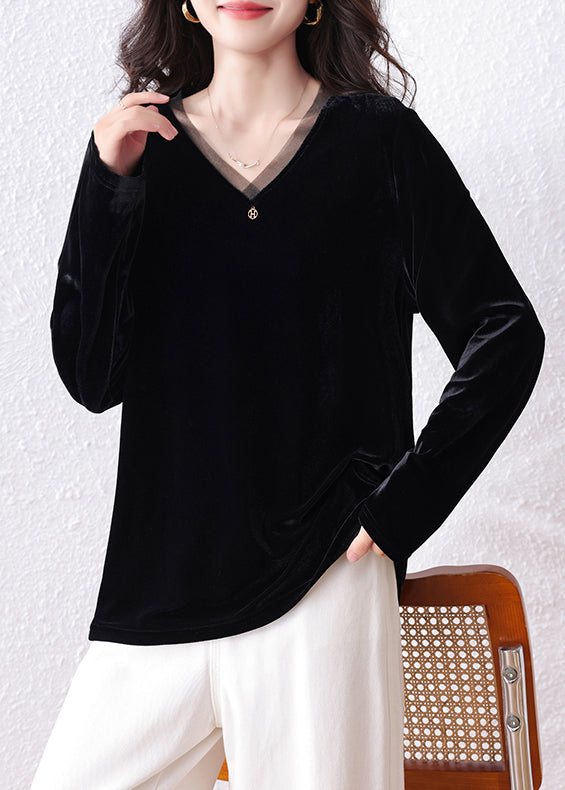 Black V-Neck Patchwork Silk Velour Shirt Top