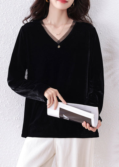Black V-Neck Patchwork Silk Velour Shirt Top