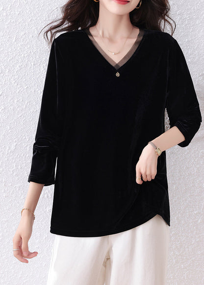 Black V-Neck Patchwork Silk Velour Shirt Top