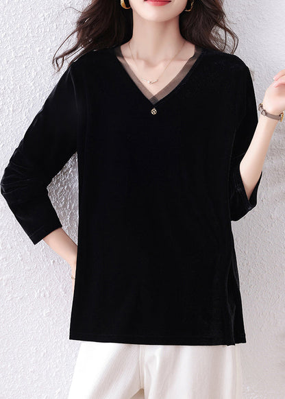 Black V-Neck Patchwork Silk Velour Shirt Top