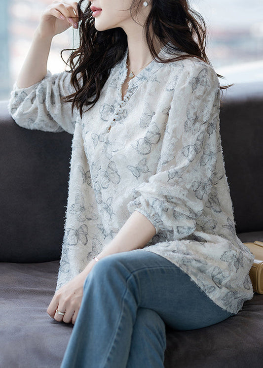 White Butterfly Chiffon Eyelash Shirt Top