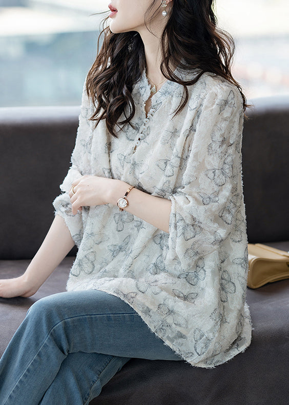 White Butterfly Chiffon Eyelash Shirt Top