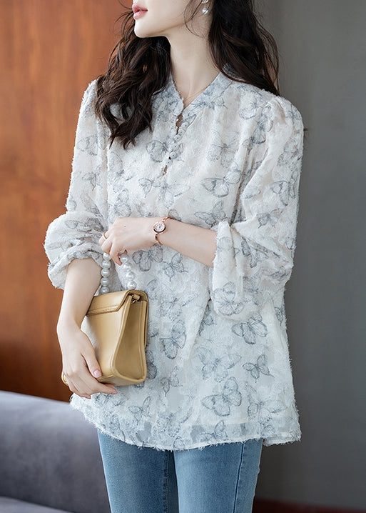 White Butterfly Chiffon Eyelash Shirt Top