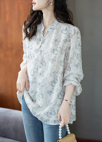 White Butterfly Chiffon Eyelash Shirt Top