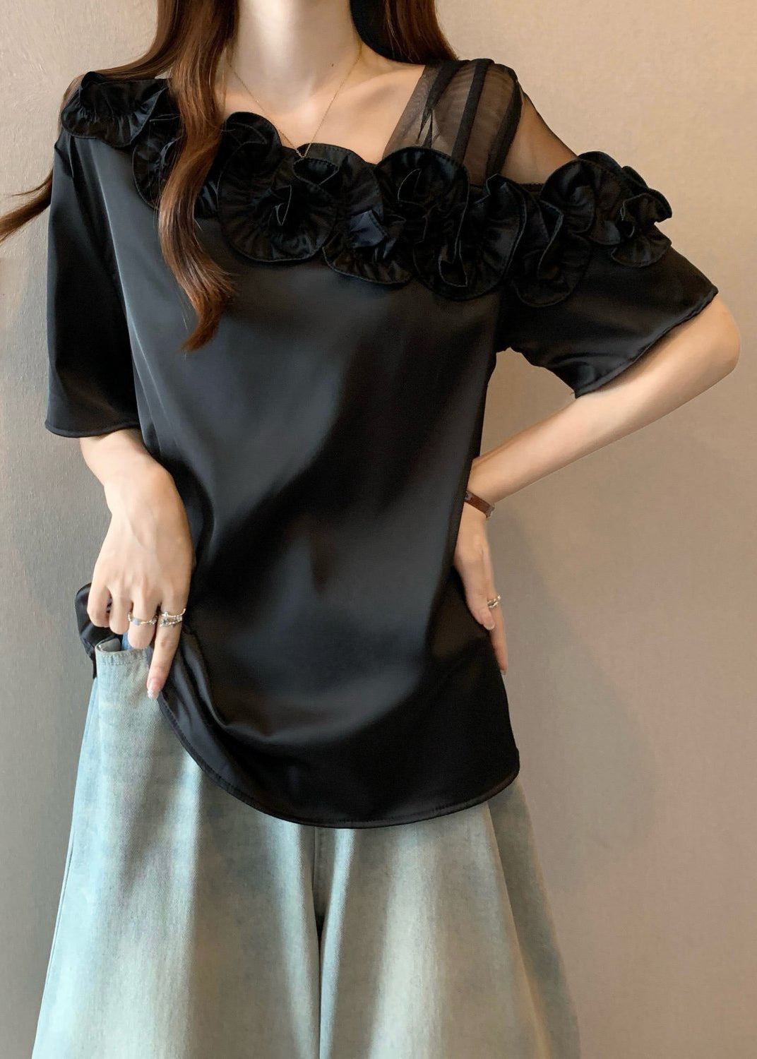 Black One Shoulder Shirt Ruffled