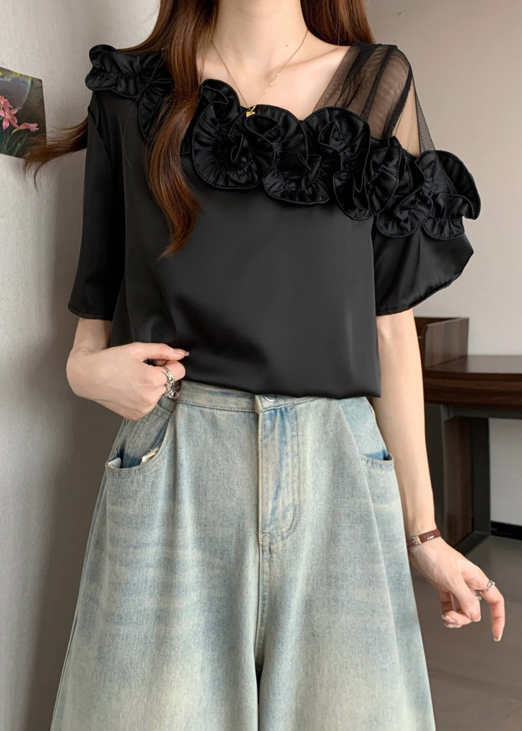 Black One Shoulder Shirt Ruffled