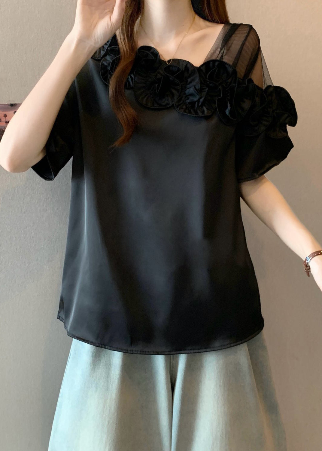 Black One Shoulder Shirt Ruffled