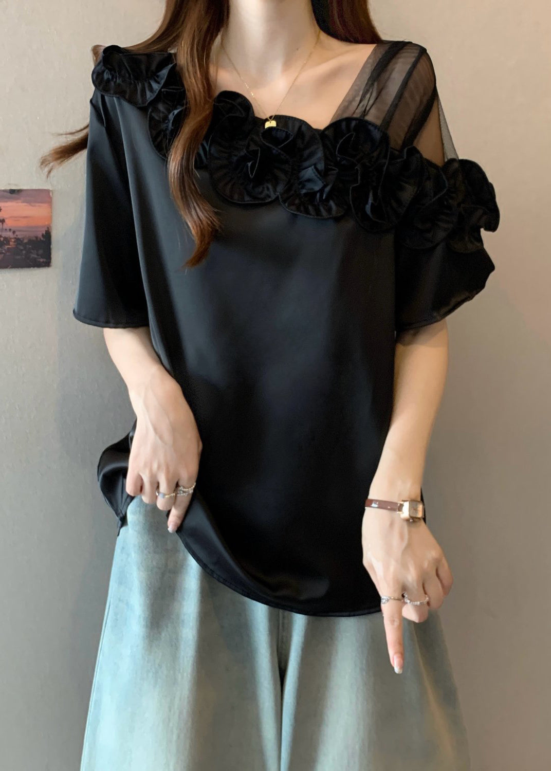Black One Shoulder Shirt Ruffled