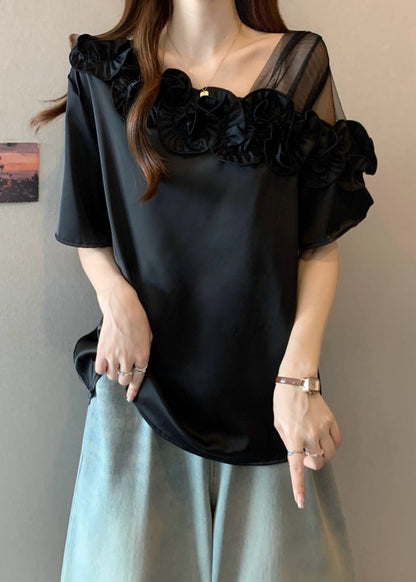 Black One Shoulder Shirt Ruffled