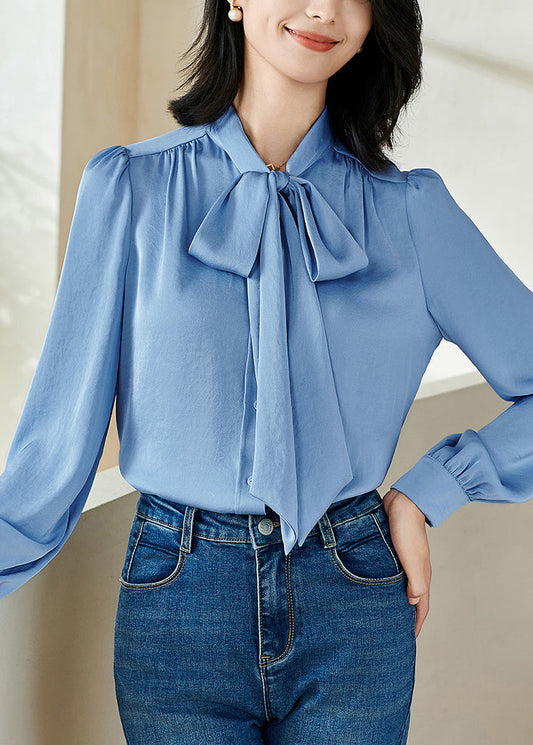 Blue Button Silk Shirts Lace Up Long Sleeve