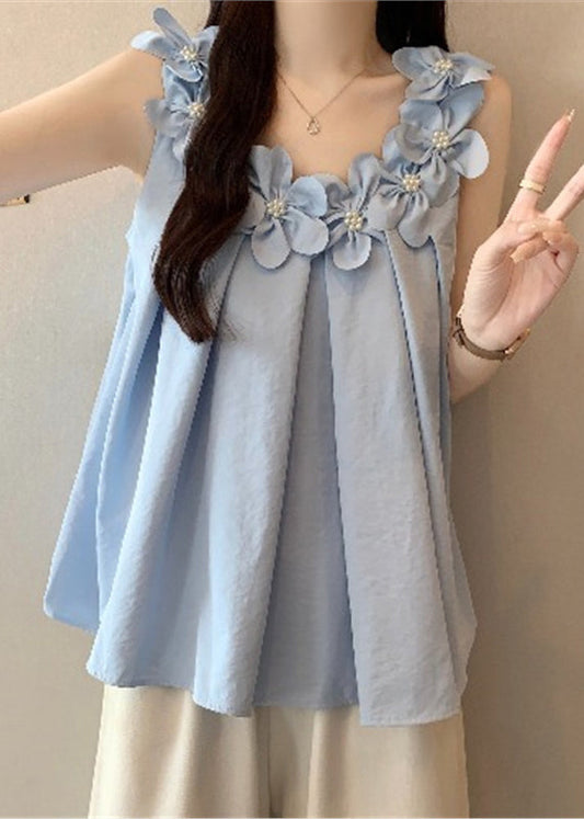 Blue Floral Decorated Cotton Tank Oversized Sleeveless