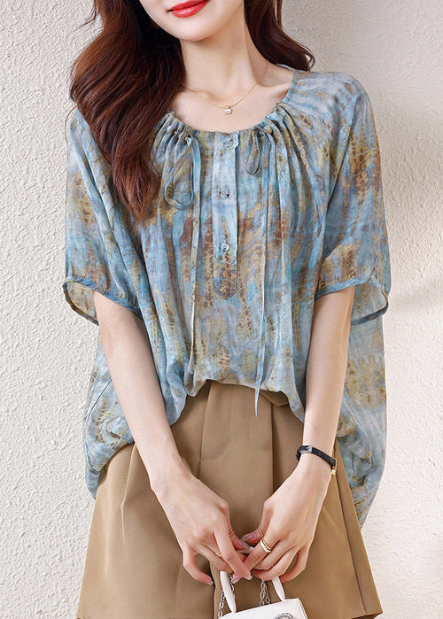 Bohemian Blue Print Drawstring Cotton Tops