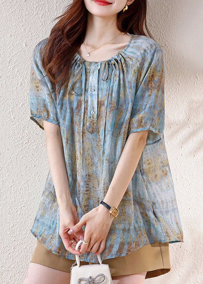 Bohemian Blue Print Drawstring Cotton Tops