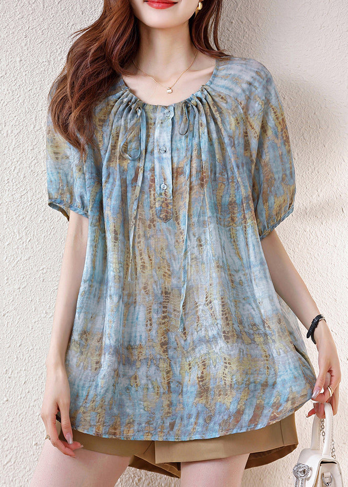 Bohemian Blue Print Drawstring Cotton Tops