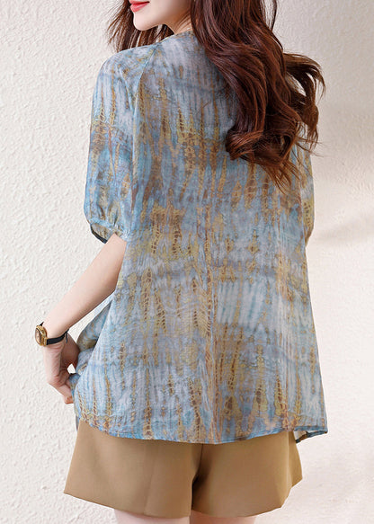 Bohemian Blue Print Drawstring Cotton Tops