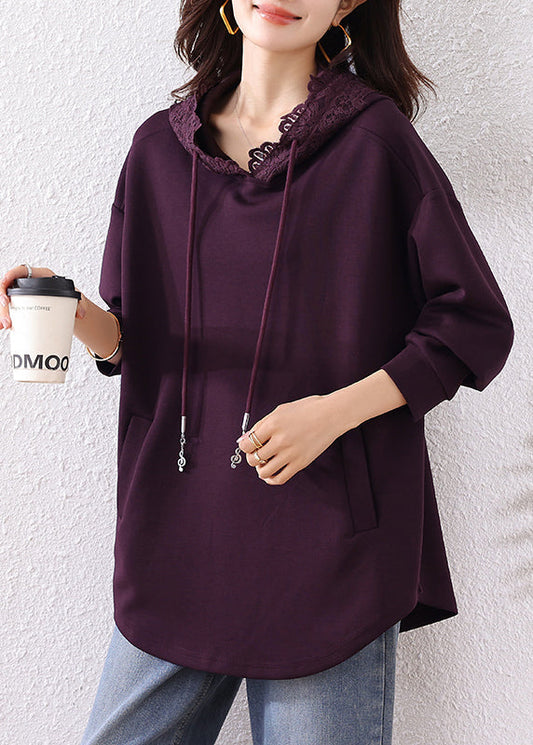 Bohemian Purple Hooded Cotton Loose Sweatshirt Top