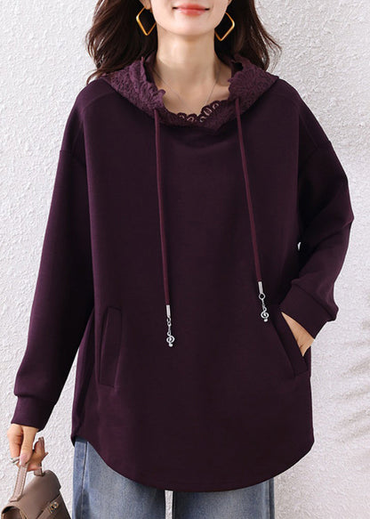 Bohemian Purple Hooded Cotton Loose Sweatshirt Top