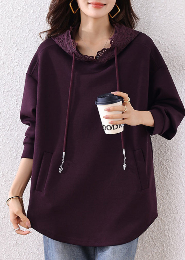 Bohemian Purple Hooded Cotton Loose Sweatshirt Top